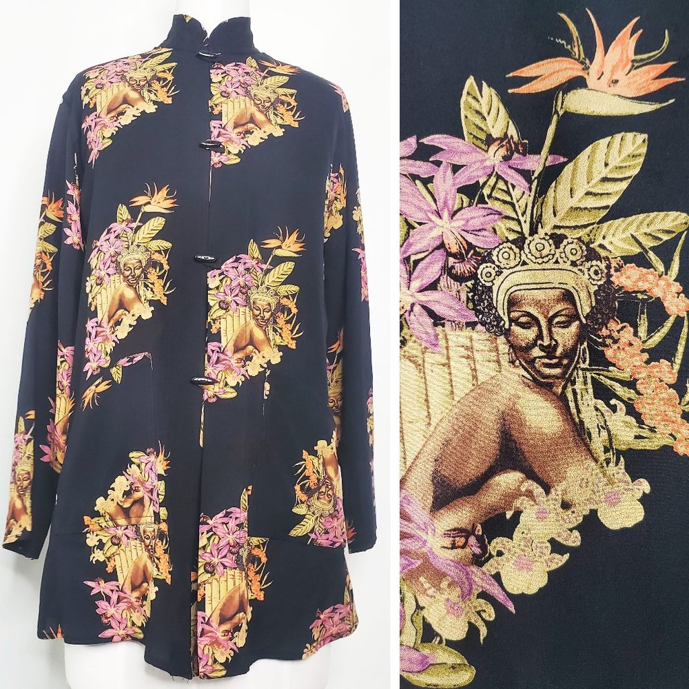 Harari Womens Made in USA Silk Tunic Top Asian Print Wearable Art Black S
